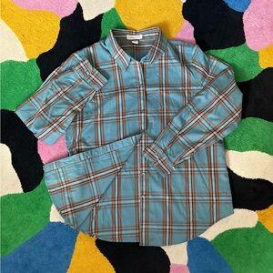 Coldwater Creek Teal and Brown Plaid Shirt